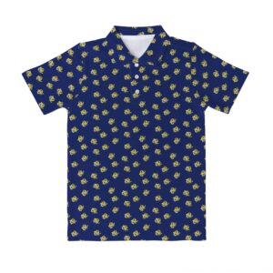 blue polo shirt with gold MHU athletics logos tiled; three white buttons