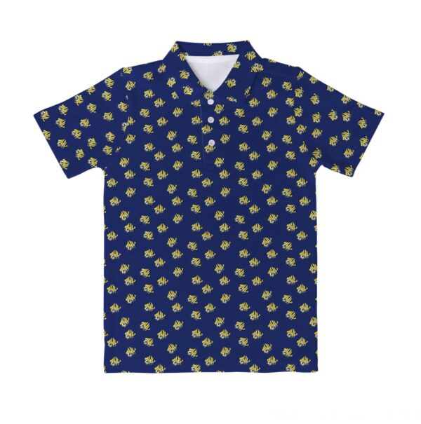 blue polo shirt with gold MHU athletics logos tiled; three white buttons