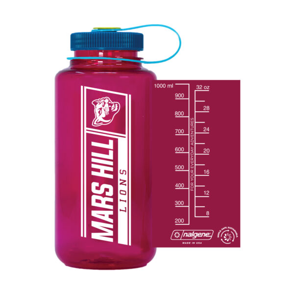 red Nalgene drinking bottle with Mars Hill Lions design in white and a blue lid; inset photo shows volume gradations