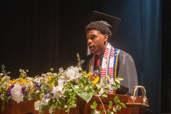 Braxton Robinson, a psychology major from Murfreesboro, North Carolina, delivers a student address.