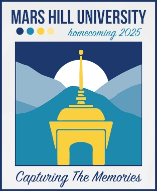 homecoming logo 2025 with yellow cupola against background of blue mountains and dark blue sky with either sun or moon rising