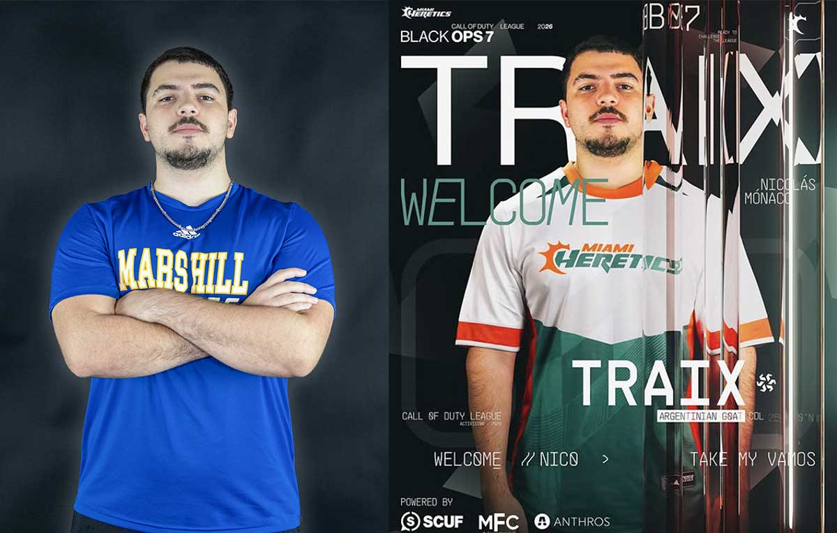 Nicolas side-by-side photos in MHU shirt and in Miami Heretics uniform.