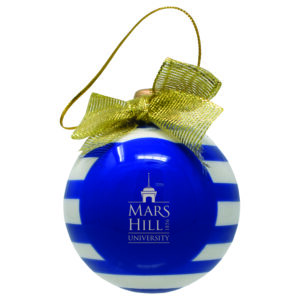 white and blue Christmas ornament with MHU logo in white and gold ribbon bow