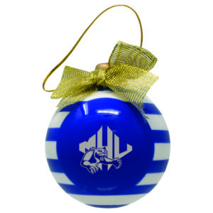 white and blue Christmas ornament with MHU athletics logo in white and gold ribbon bow