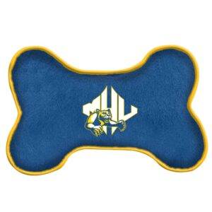 blue and gold plush bone shaped dog toy with MHU athletics logo