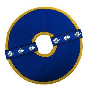 round blue and gold soft dog toy with MHU athletics logo accents