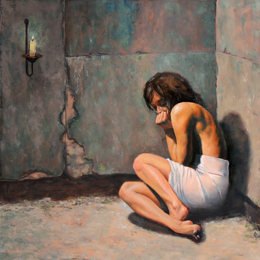 painting of a woman cowering in the corder of what appears to be rock or concrete walls that have chips/cracks in them; she is wearing a white skirt and is drawn up as if shielding herself from evil. There is a lit candle in a metal wall sconce.
