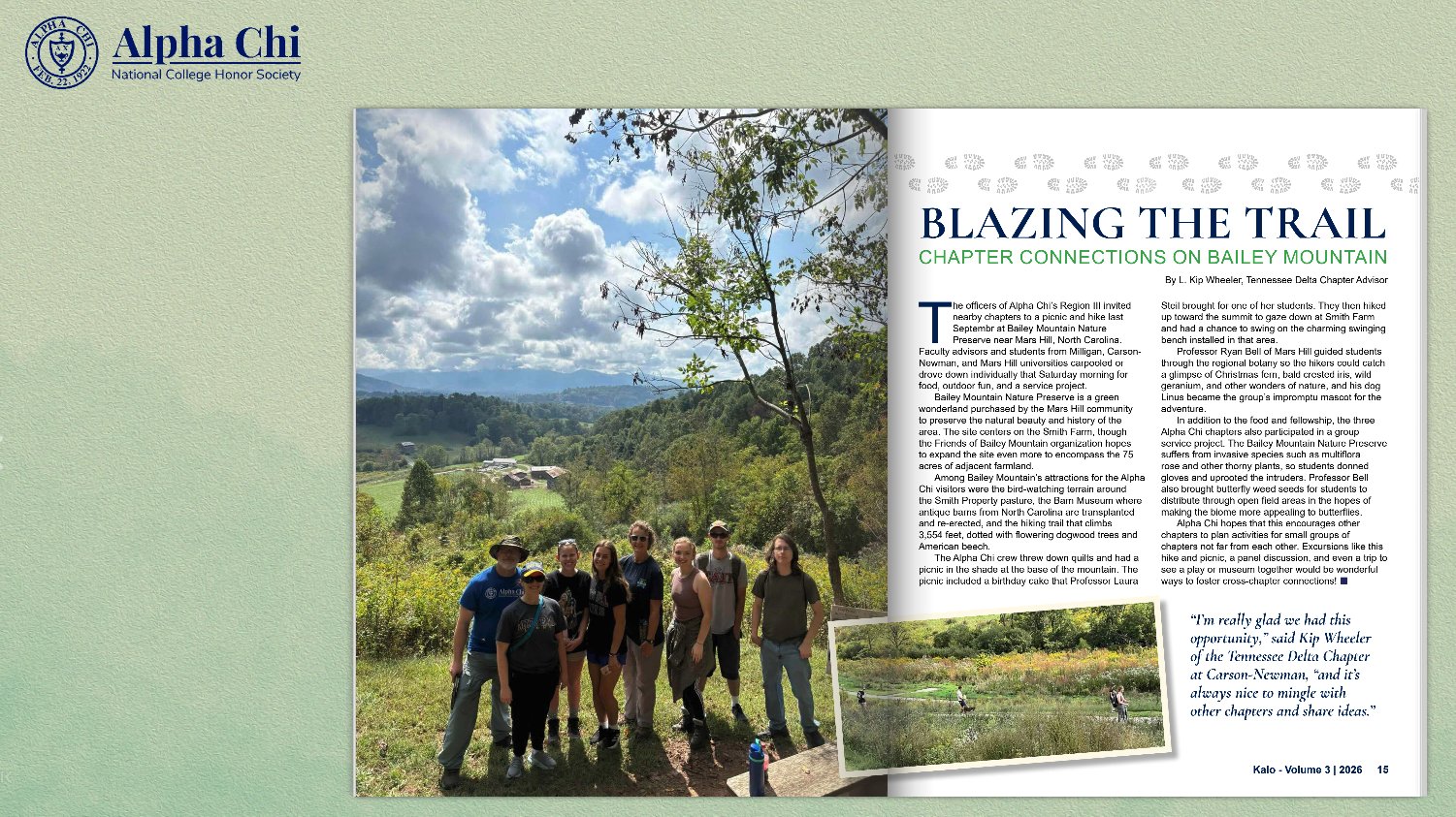Screenshot of magazine pages with Alpha Chi logo at top left of screenshot, left facing full-page photo of people standing at an overlook with mountains in the background, and text of the article 